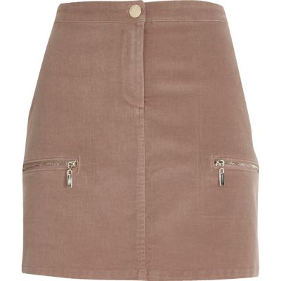 Dusty pink cord zip pocket mini skirt
